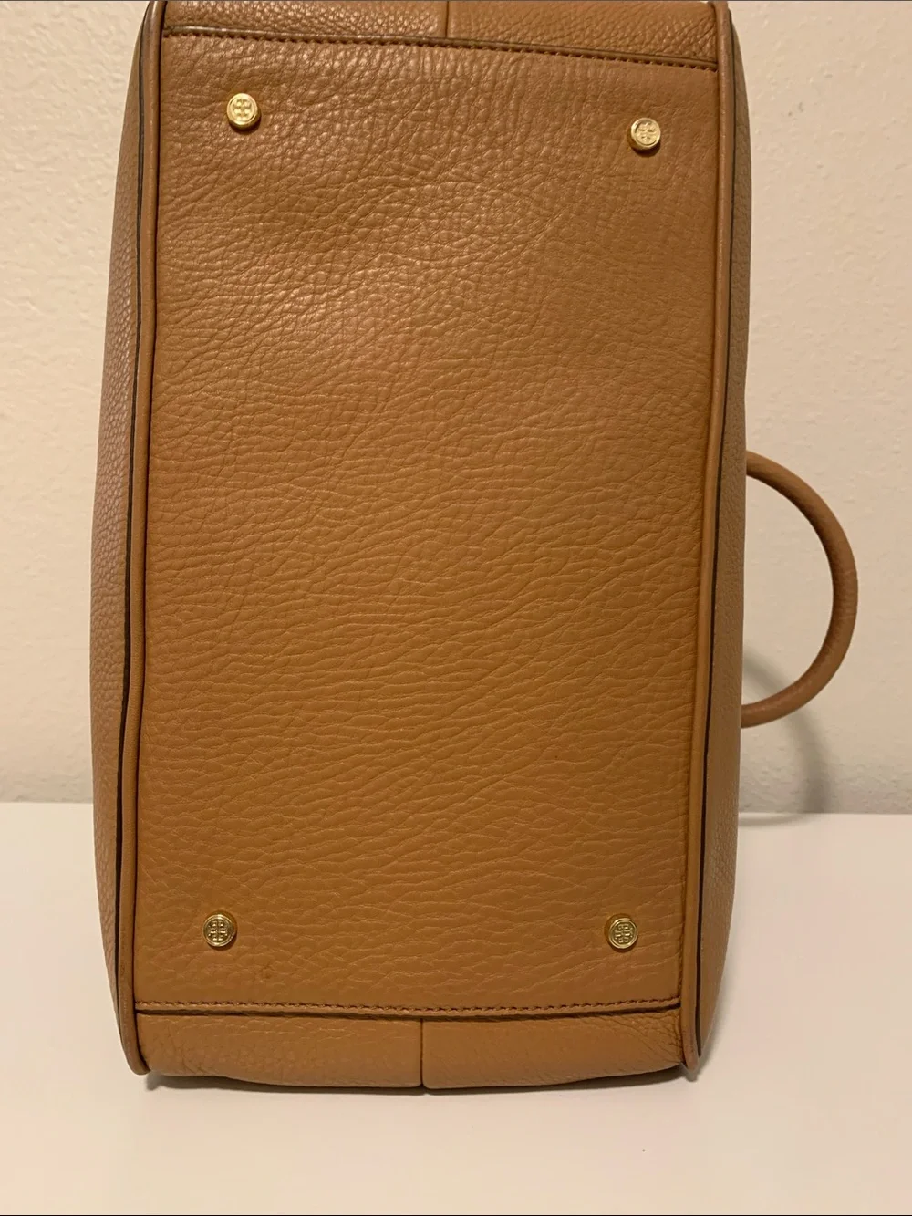 Tory Burch Robinson Camel Brown Pebbled Leather Satchel with Gold Logo